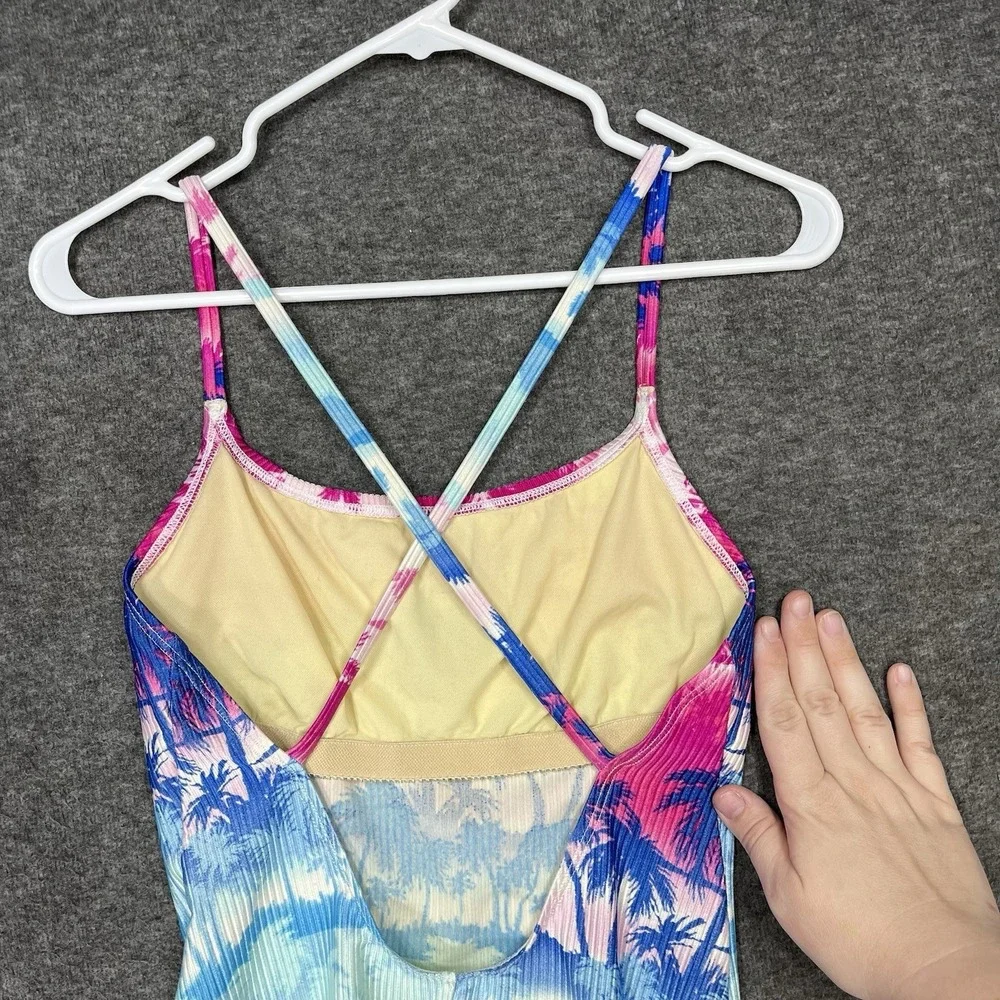 Vintage Catalina Swimsuit Size L Tropical Floral Pink Blue One Piece High Cut